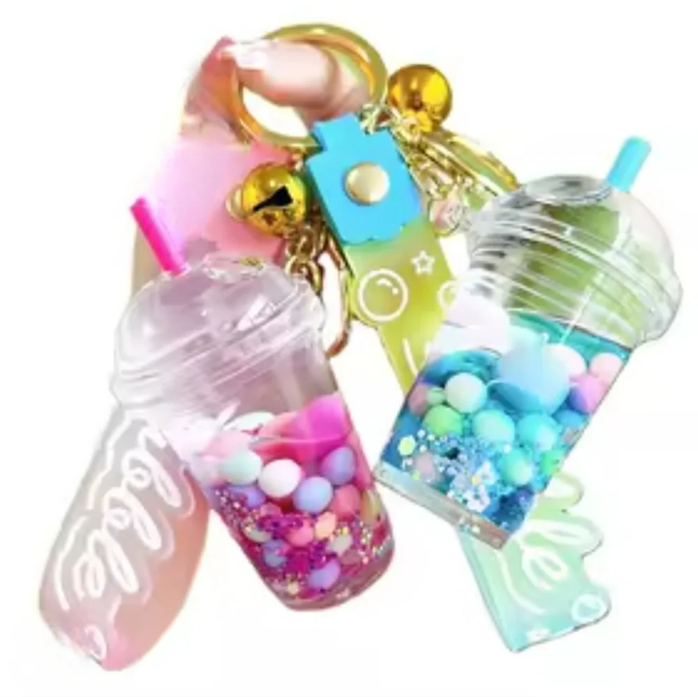 Pink Pearl Bubble Milk Tea‎ Keychain with Gold Accents Boba Drink Purse Charm